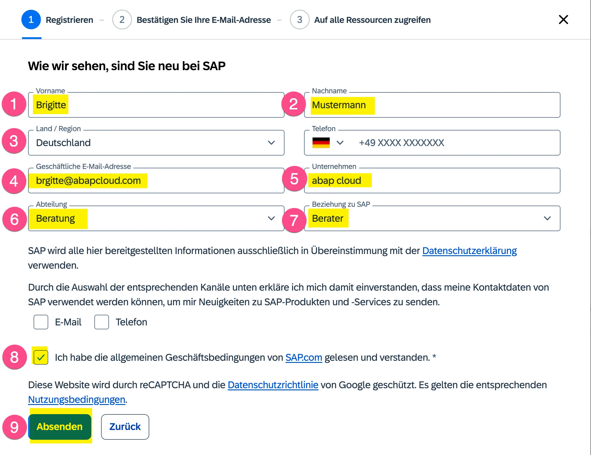 Registrierungsformular für einen SAP Account